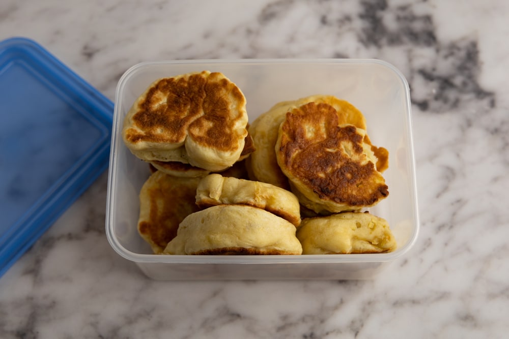 Yeast pancakes stored in an airtight container