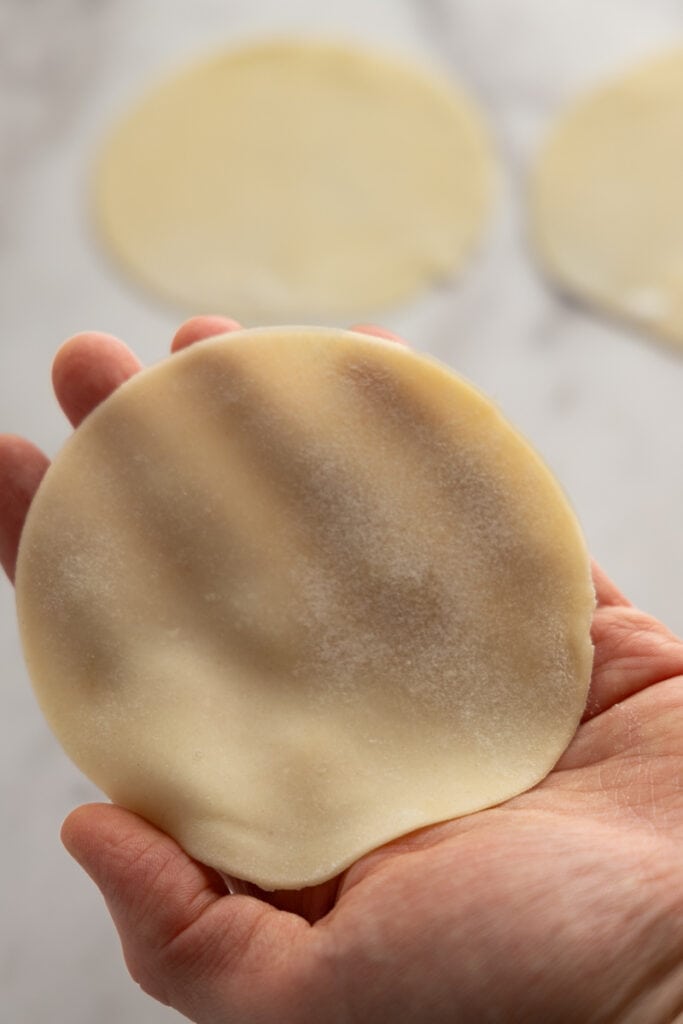 Pierogi dough circle in hand