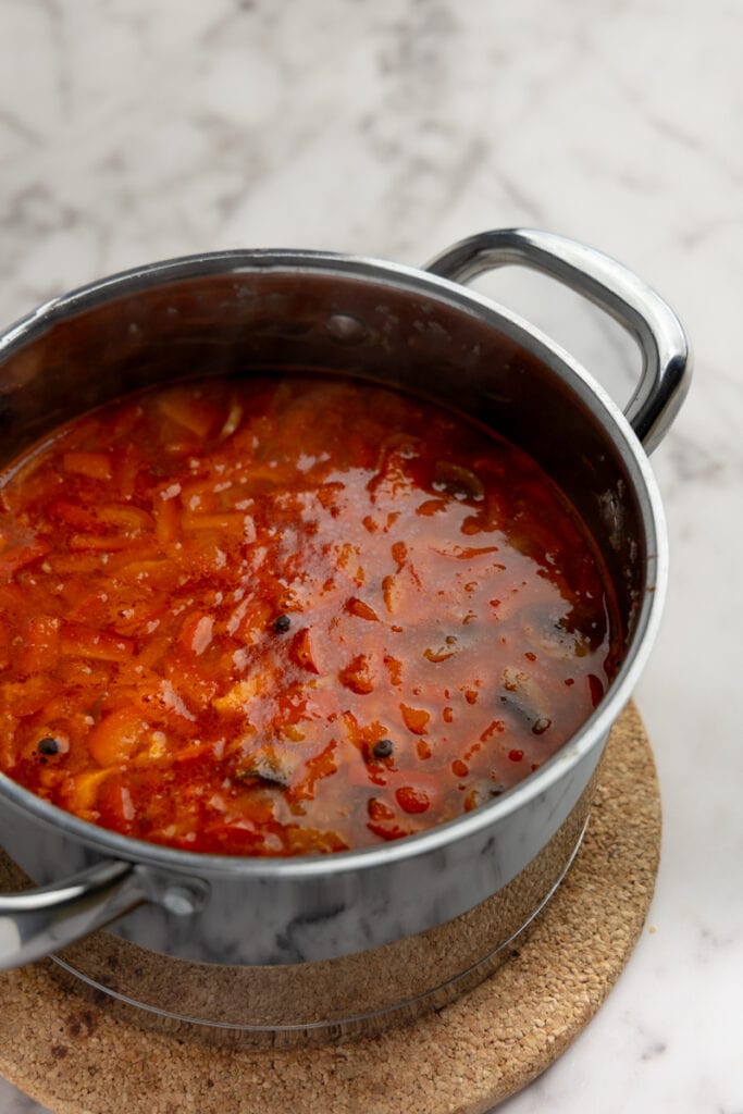 Goulash stew seasoned with paprika and tomato concentrate