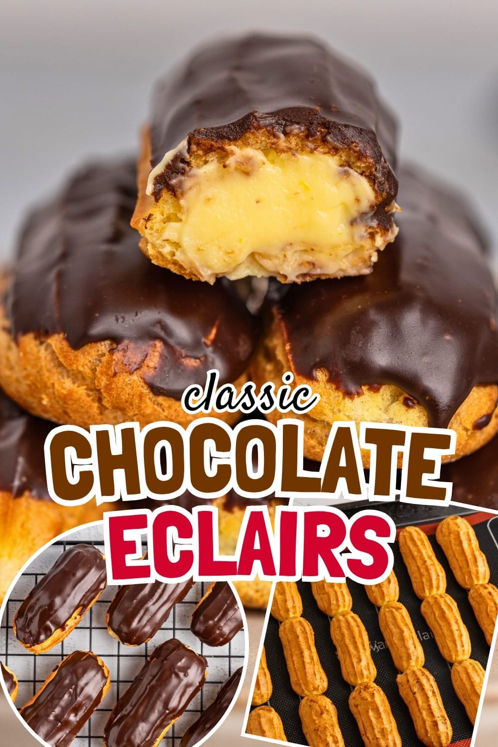 Classic Chocolate Eclairs Recipe Pin image