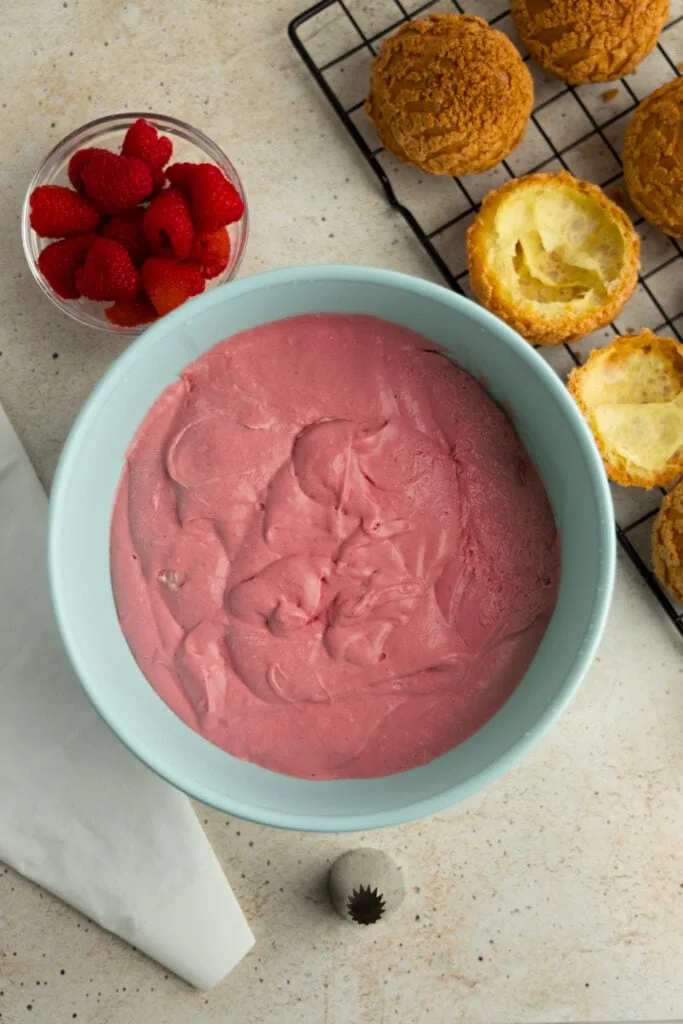 Raspberry pastry cream ready for piping