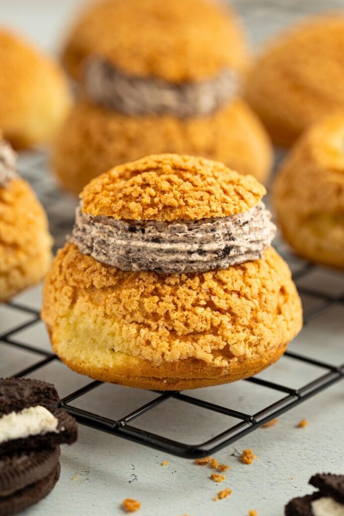 Cream puffs with swirl of oreo whipped cream filling