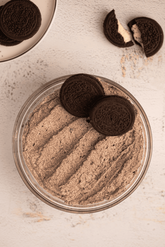 Creamy oreo whipped frosting in a bowl