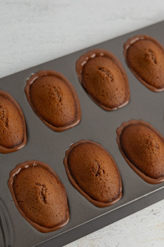 Baked chocolate madeleines with chocolate shells