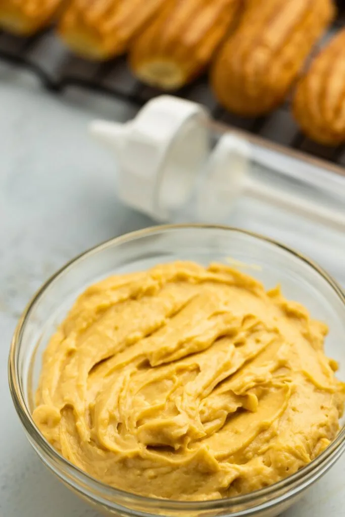 Silky dulce de leche pastry cream in a bowl