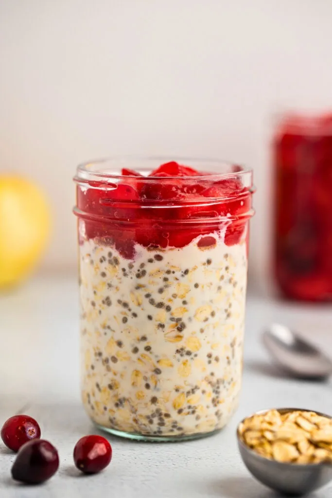 Apple cranberry overnight oats straight angle shot