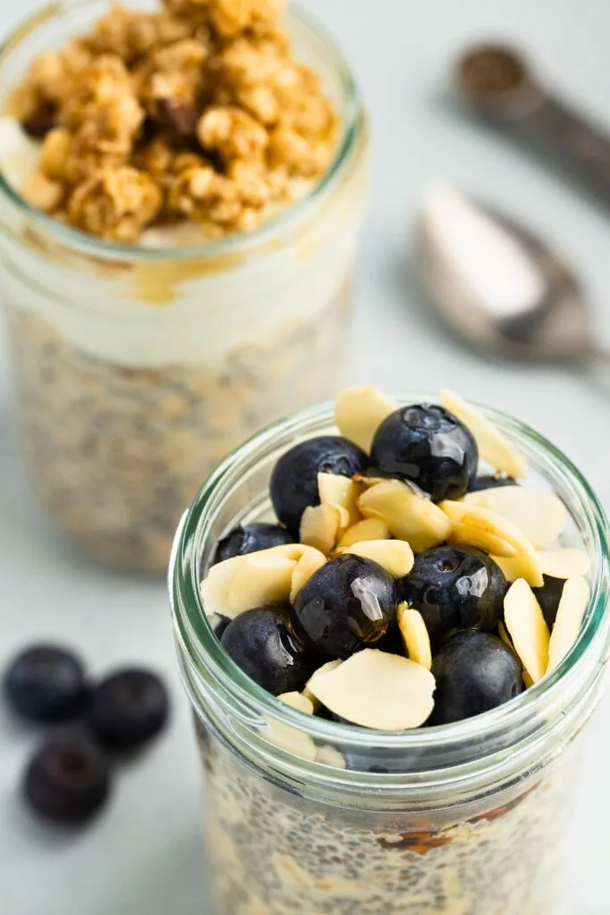 Delicious overnight oats topped with blueberries and sliced almonds