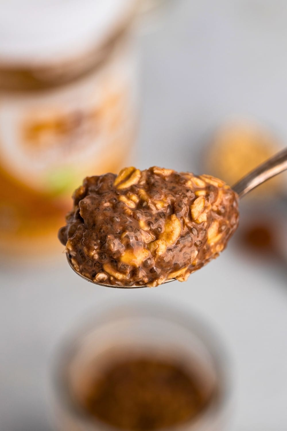 PB2 chocolate overnight oats spoon closeup