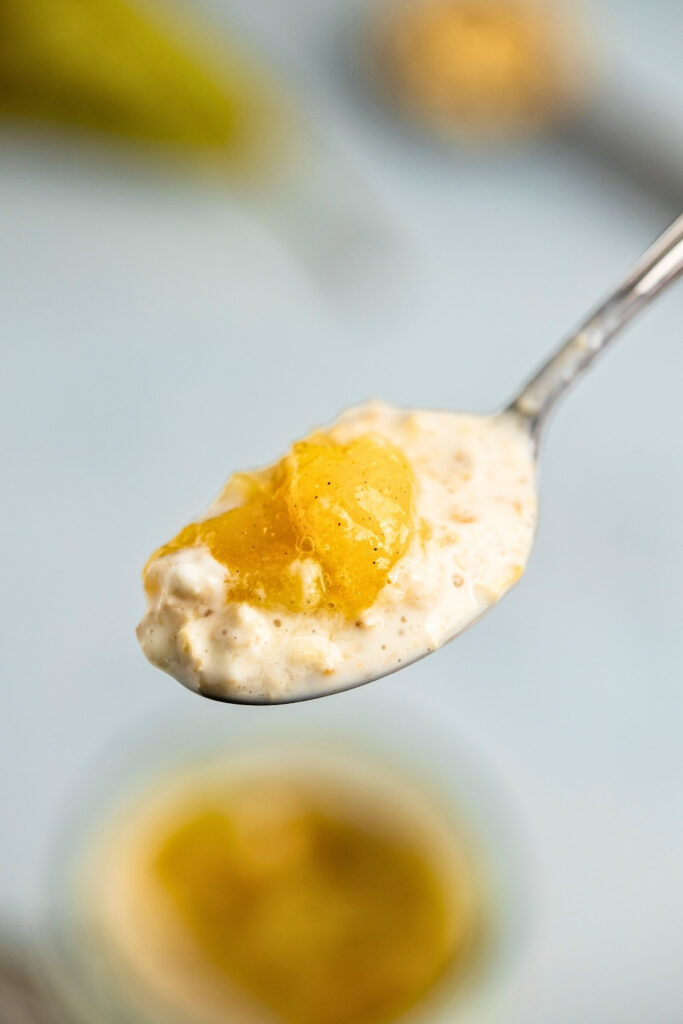 Pear overnight oats teaspoon closeup