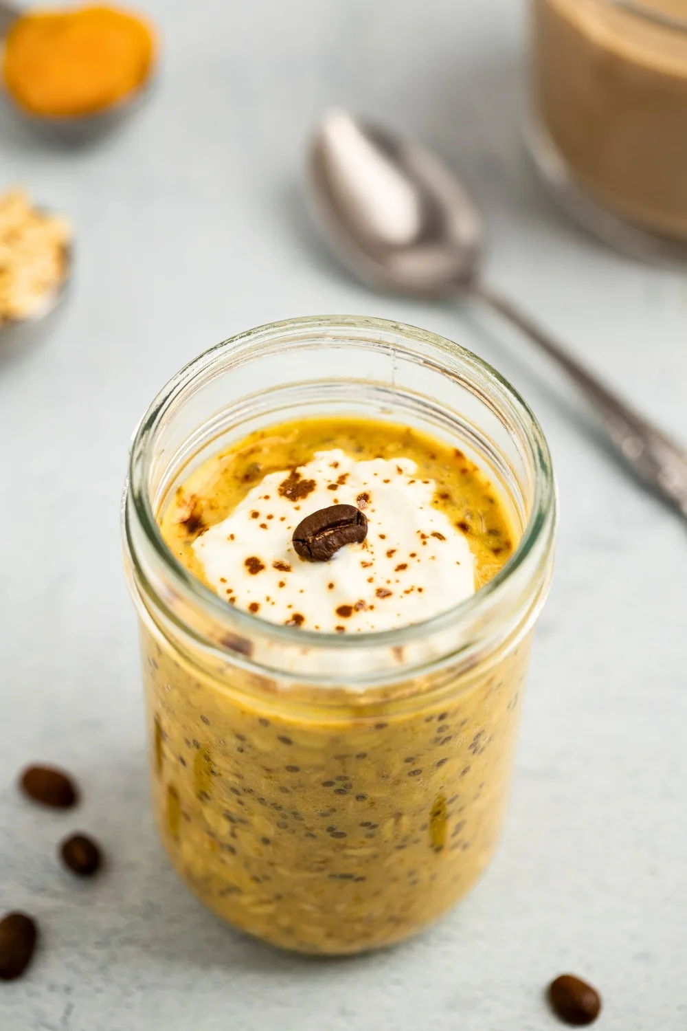 Pumpkin latte served in glass jar