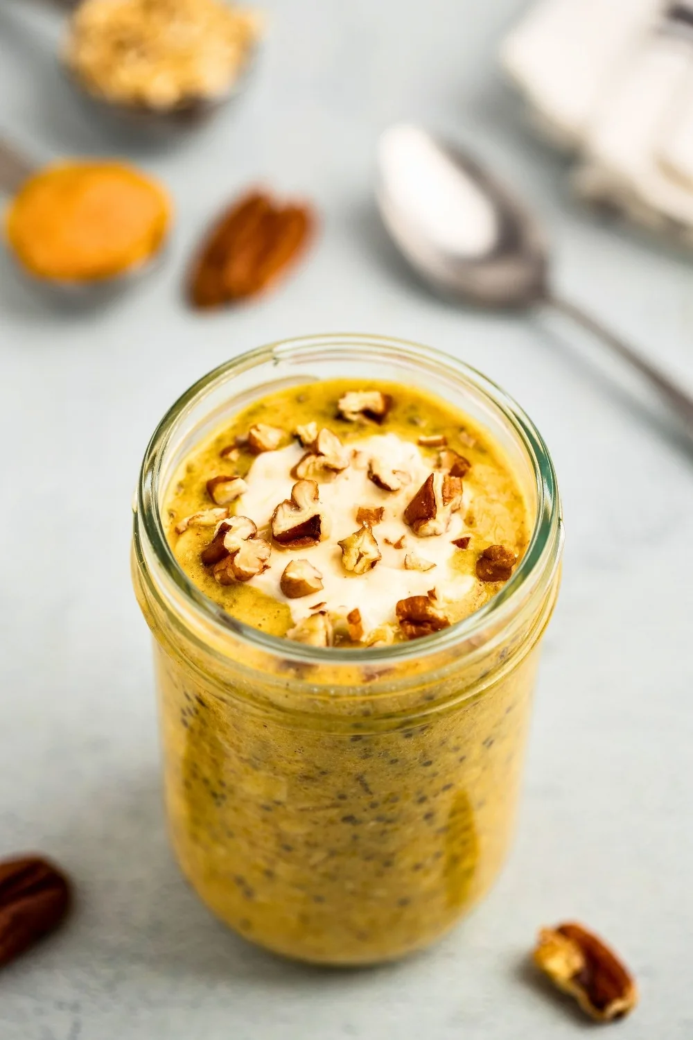 Pumpkin overnight oats topped with yogurt and nuts