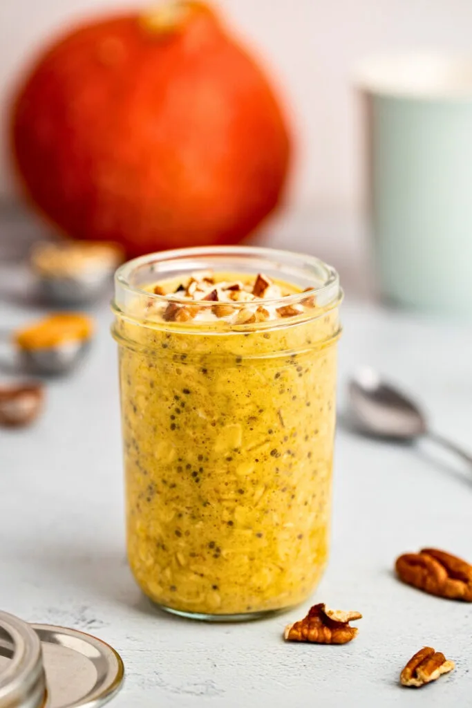 Pumpkin overnight oats in a glass jar