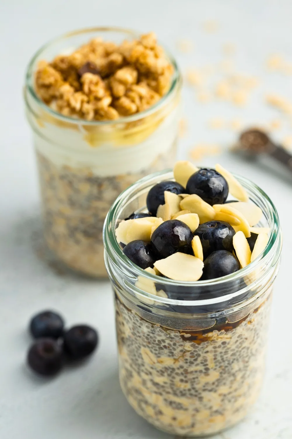 Quick overnight oats topped with blueberries and sliced almonds
