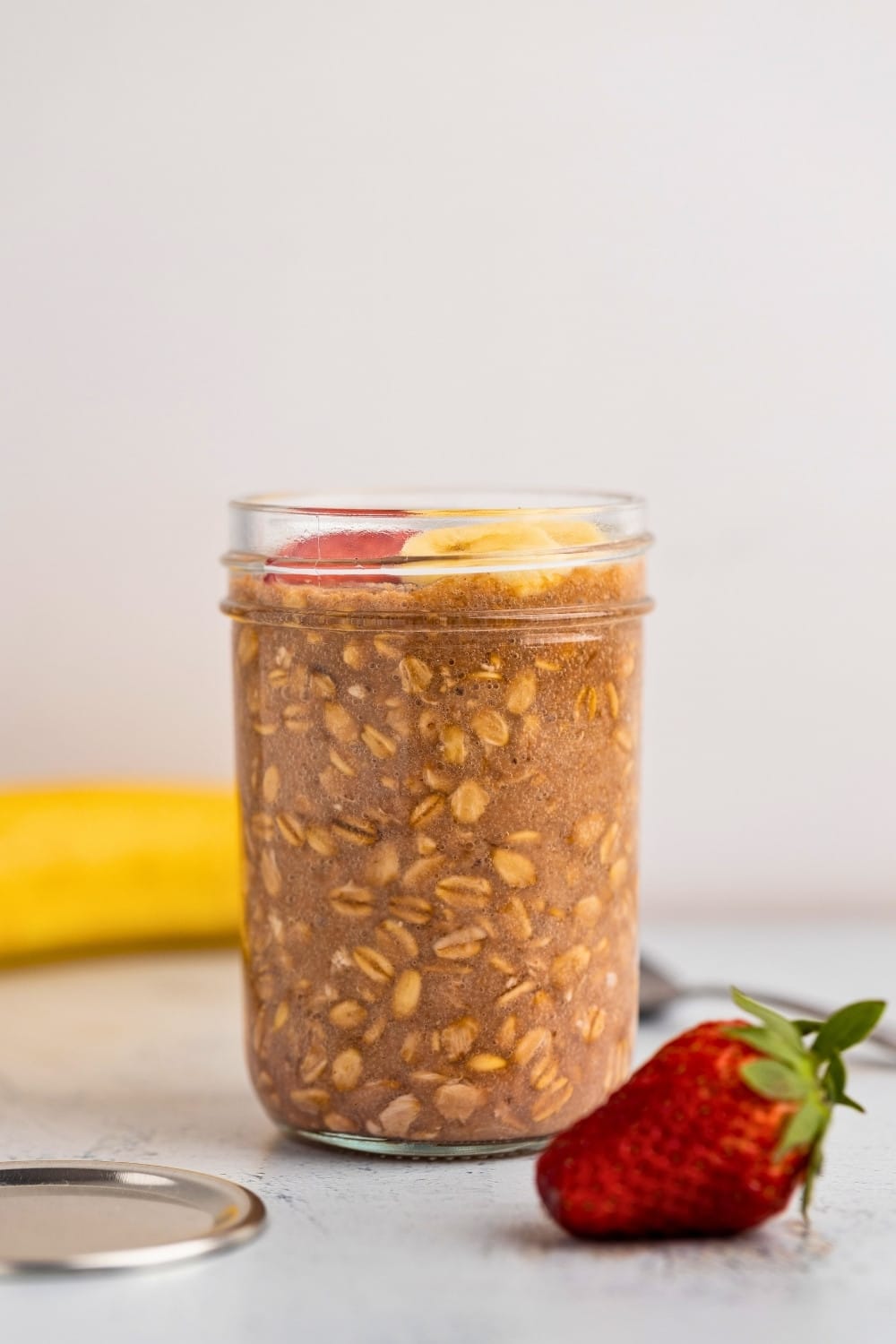 Strawberry banana overnight oats straight angle
