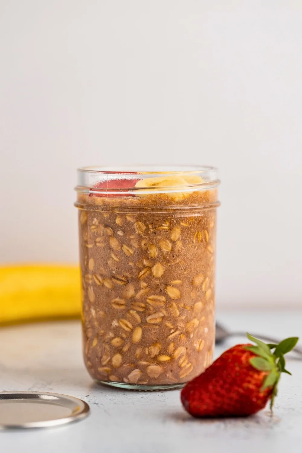 Strawberry banana overnight oats straight angle