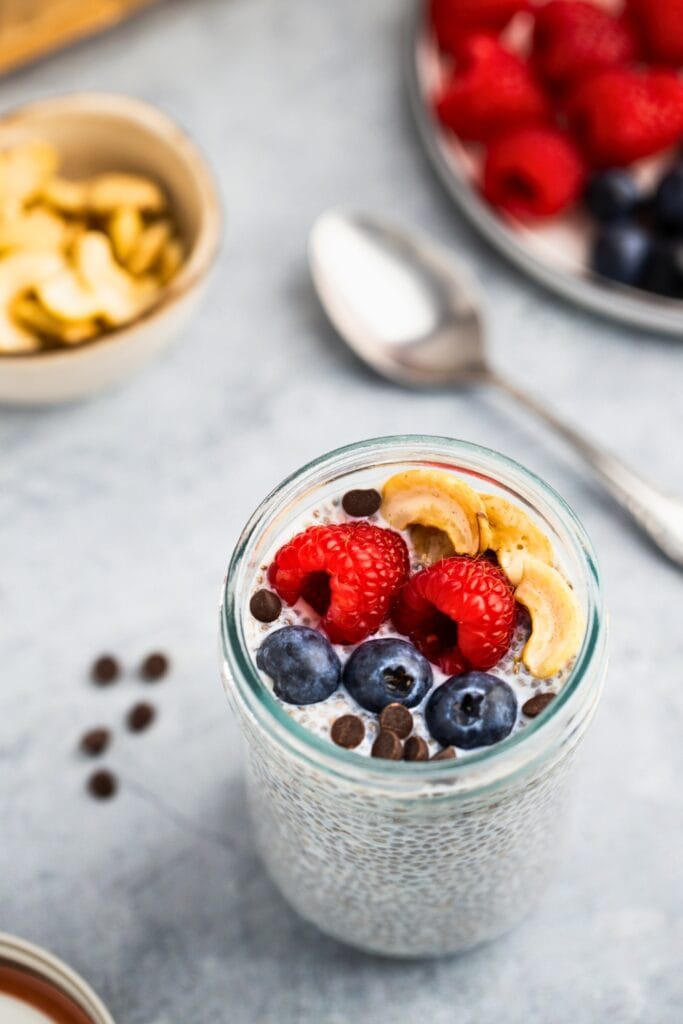 Chia pudding with fresh berries nuts and chocolate chips