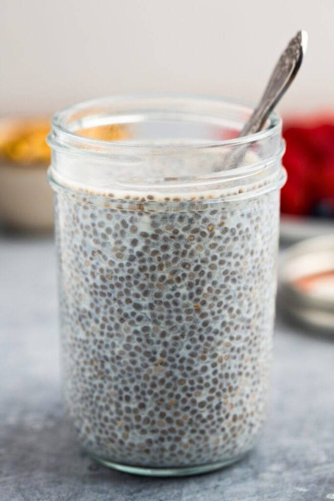 Creamy chia pudding served in a breakfast jar