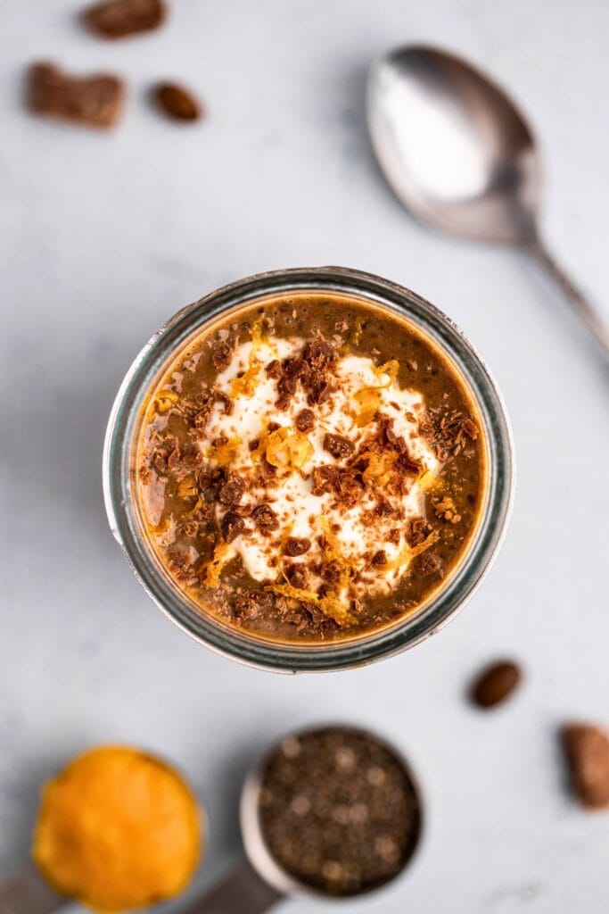 Pumpkin mocha chia pudding topdown shot