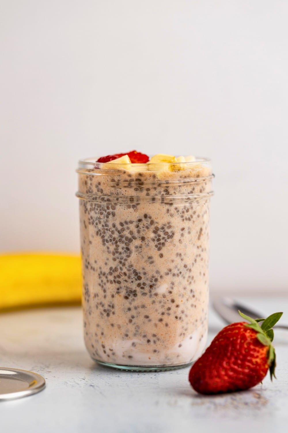 Strawberry banana chia pudding straight angle