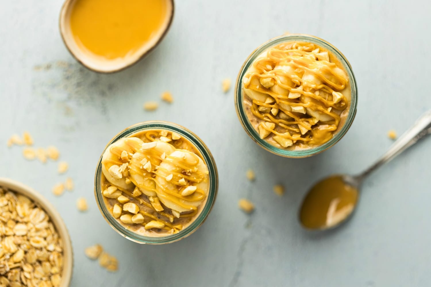 Two servings of peanut butter banana overnight oats