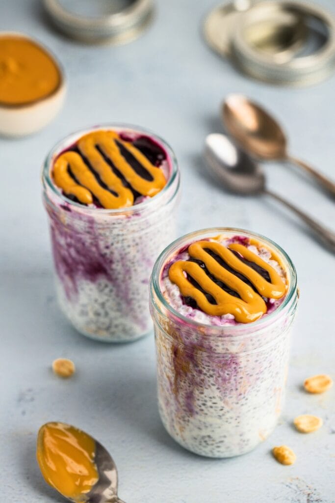 Smooth and creamy peanut butter jelly chia pudding served for two