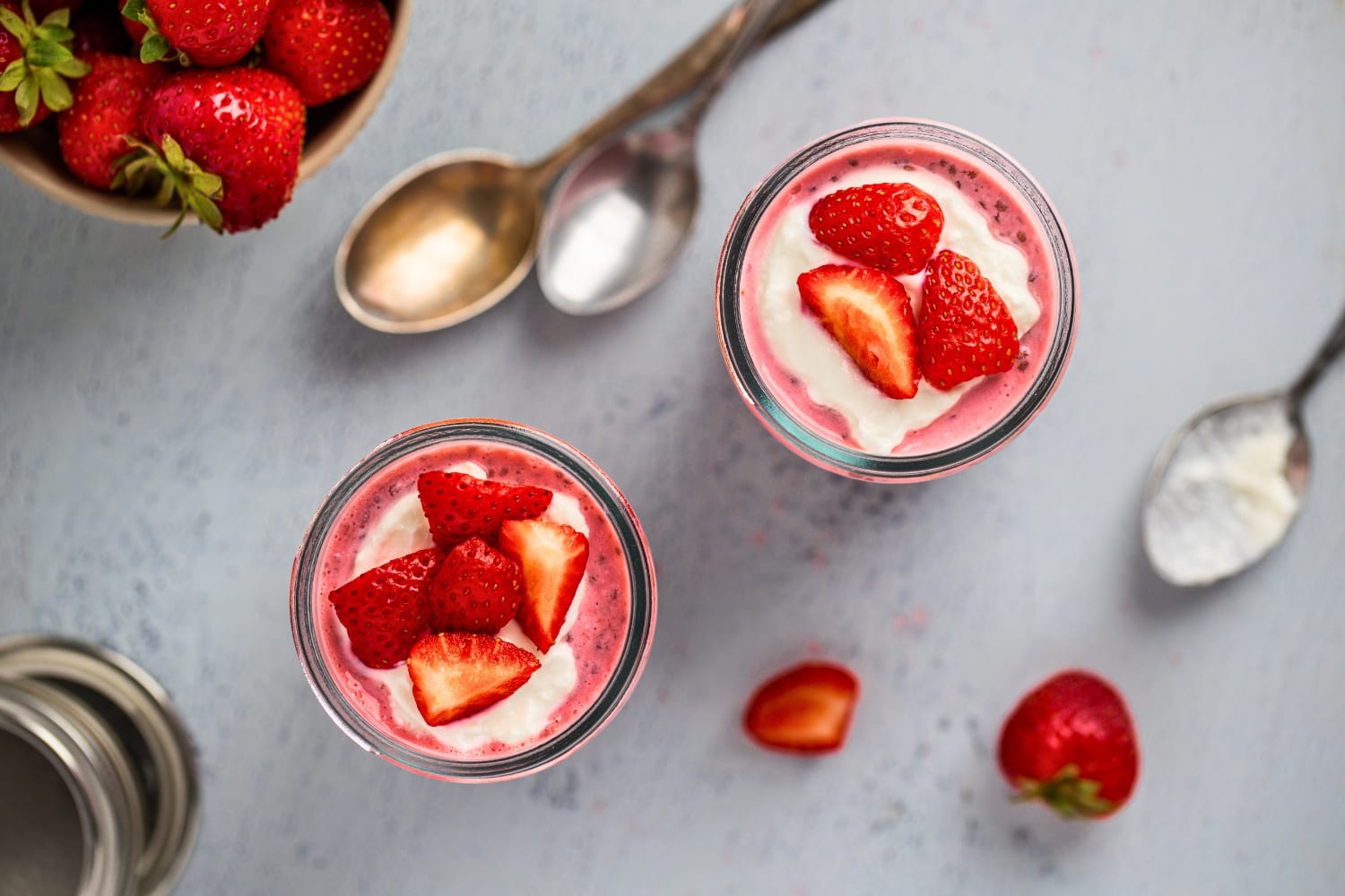 Wholesome chia pudding topped with yogurt and strawberries