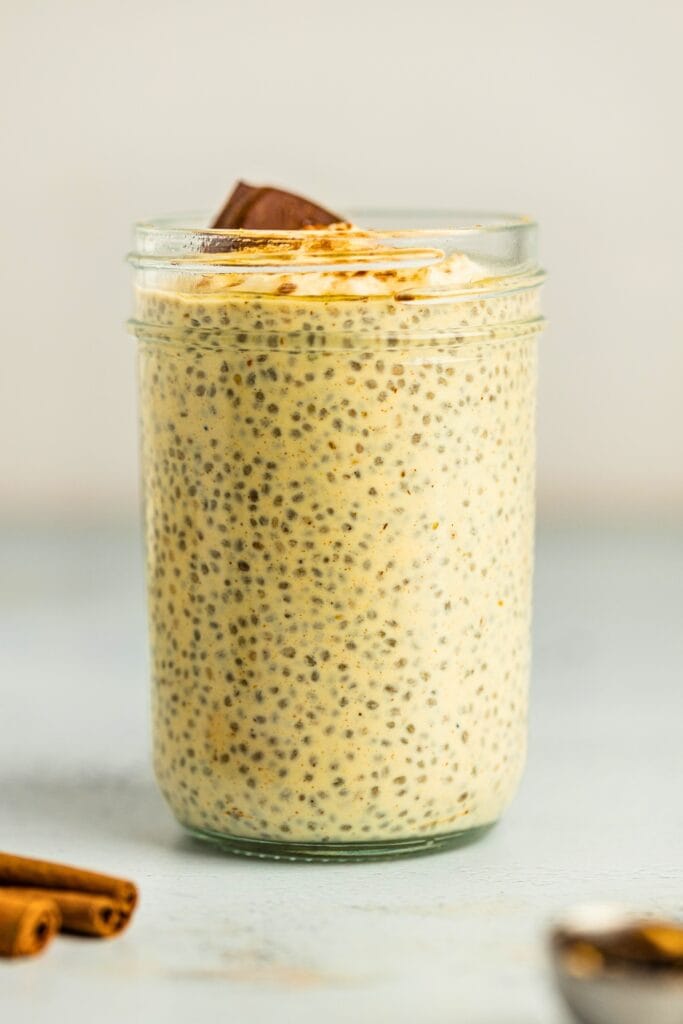 A jar of smooth chai chia pudding