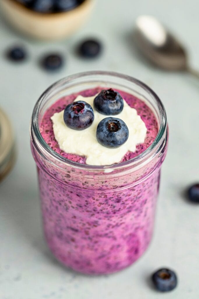 Blueberry flavored chia pudding jar for healthy breakfast