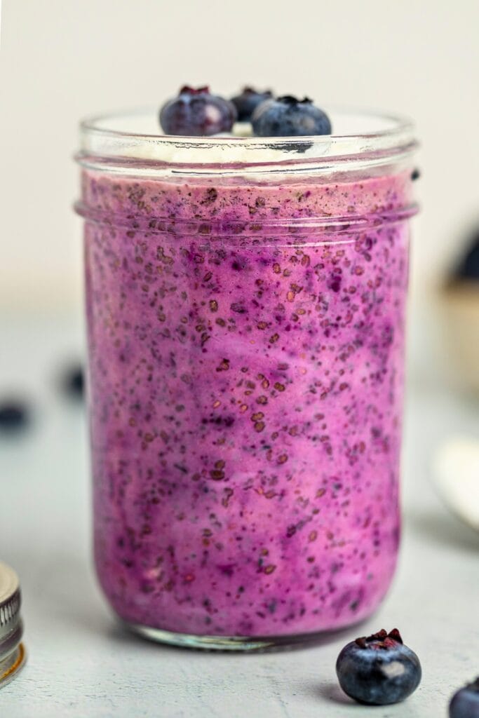 Creamy blueberry chia pudding in a jar