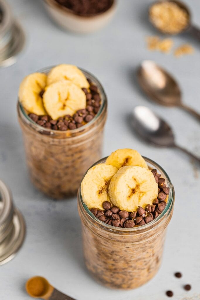 Two jars of delicious chocolate banana overnight oats