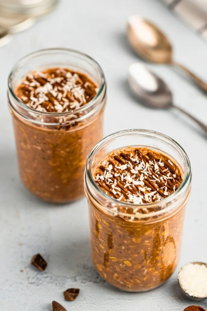 Coconut chocolate-flavored overnight oats served for two