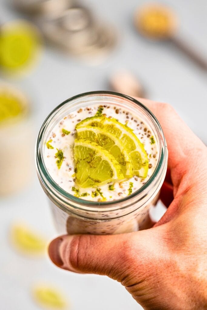 Lime overnight oats topped with fresh lime slices