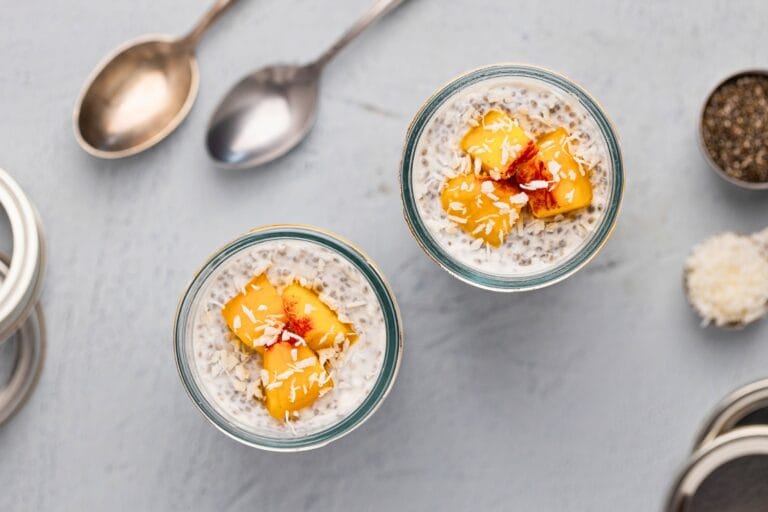 Smooth and creamy coconut chia pudding served for two