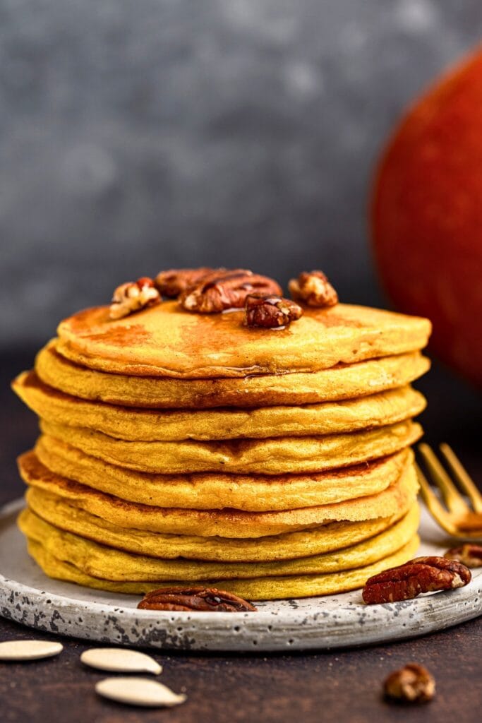 Soft and fluffy pumpkin cottage cheese pancakes for breakfast