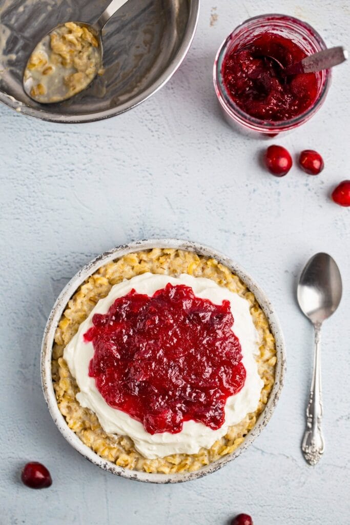 Cranberry oatmeal served topdown shot