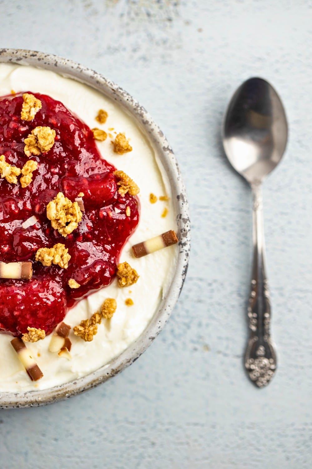 Apple mixed berries yogurt bowl overhead shot