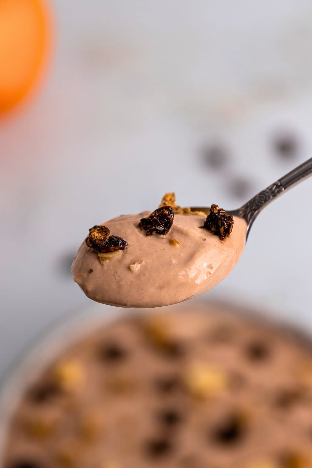 Chocolate orange yogurt bowl closeup