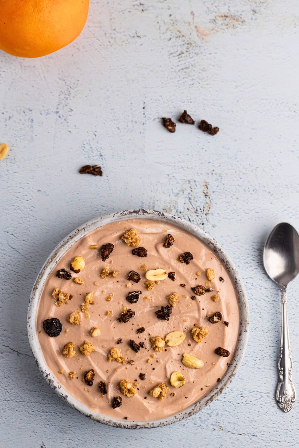 Chocolate orange yogurt bowl overhead