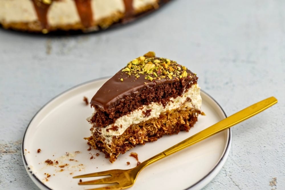 Dubai chocolate financier cake slice plated