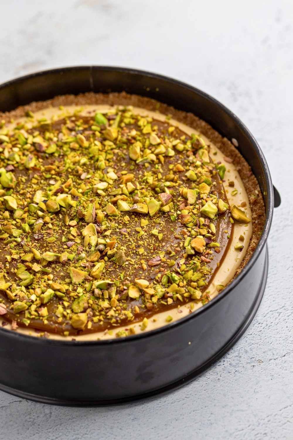 No bake pistachio cheesecake in pan