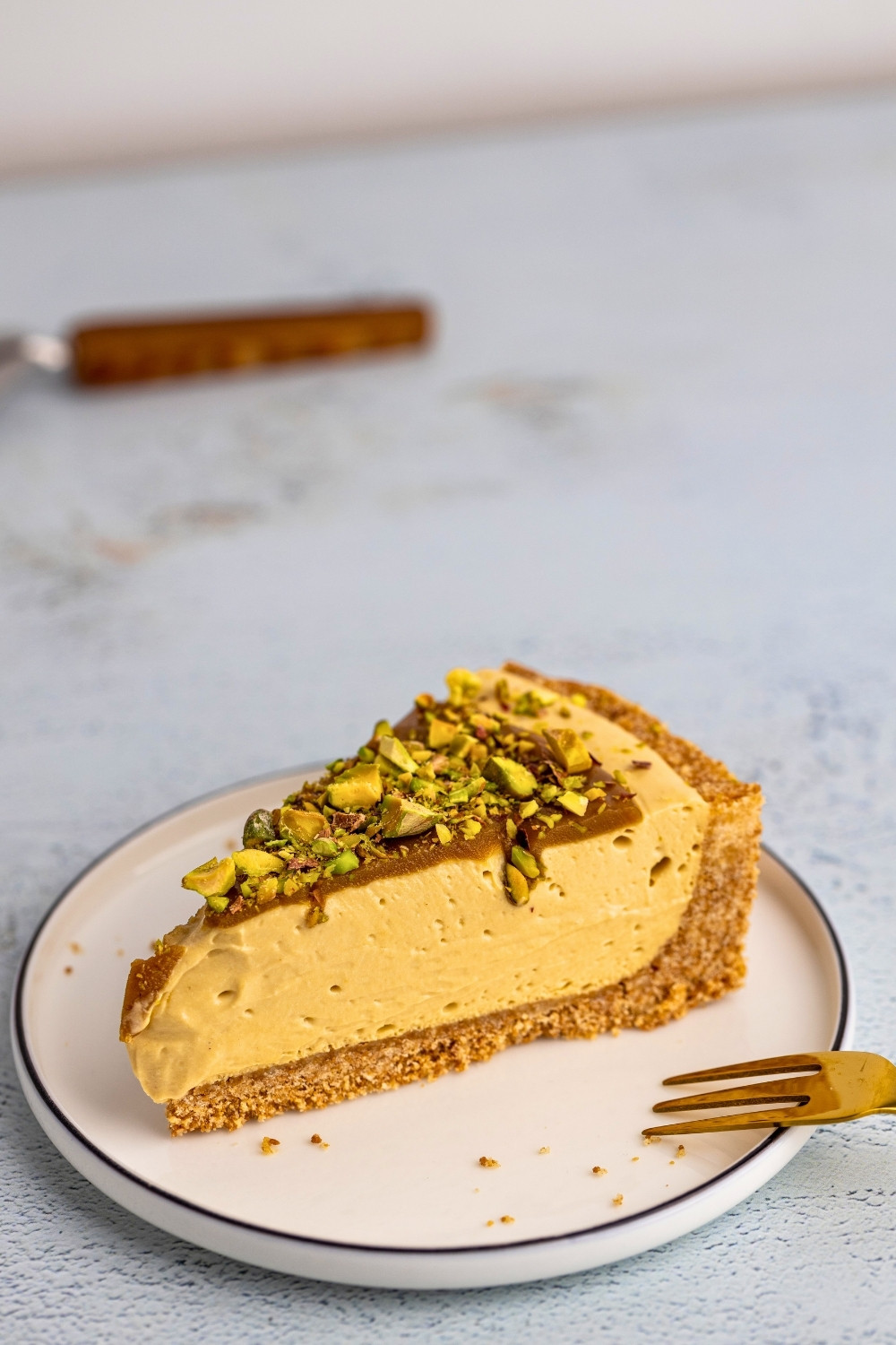 No bake pistachio cheesecake slice from angle