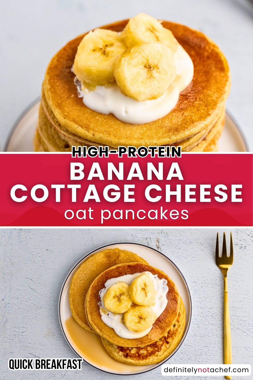 Banana cottage cheese oat pancakes pin image